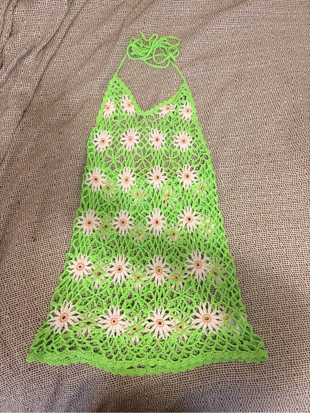 Crochet Halter Beach Coverup — Lime Green with White Daisy Motif